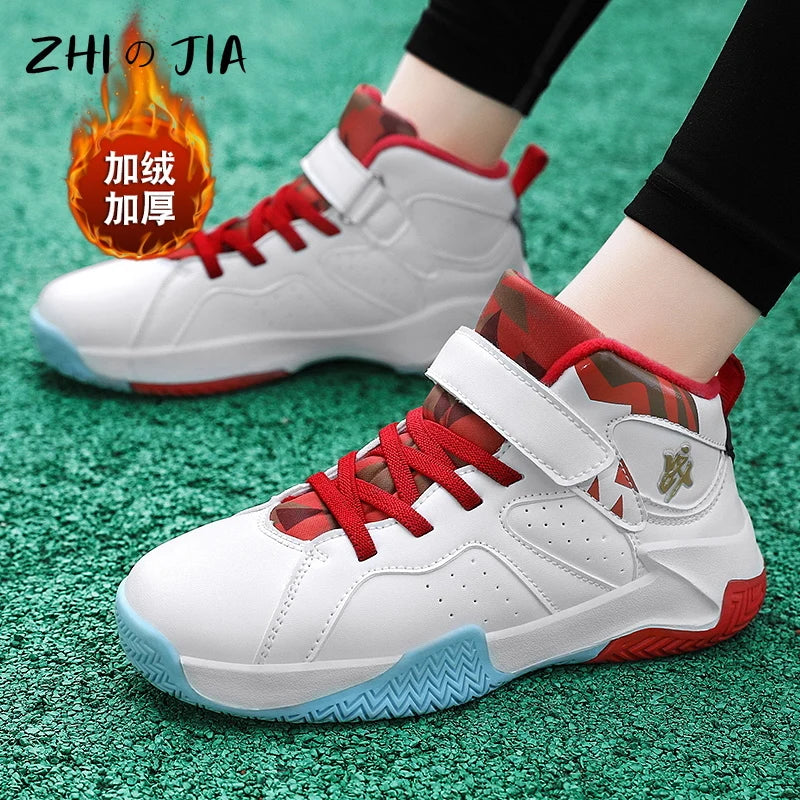 Winter New Children's Plush Basketball Shoes Outdoor Anti Slip Durable Warm Sneaker Boys Fashion Casual Matching Footwear 31-39