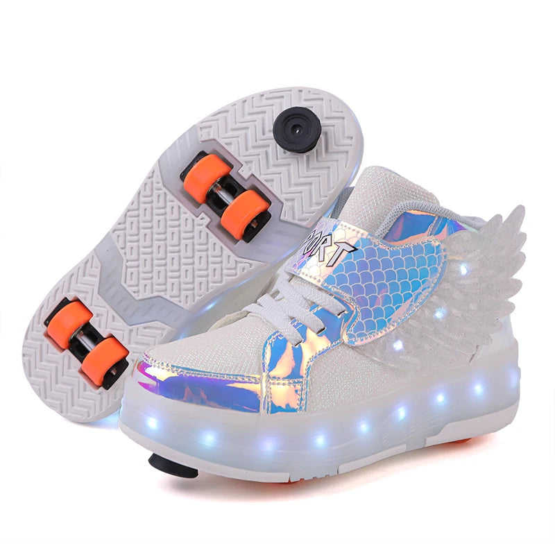 Roller Skate Shoes Kids Fashion Casual Sport 4 Wheels Sneaker Girl Boy Wing Boots Children Birthday Gift Toy Light Up Footwear