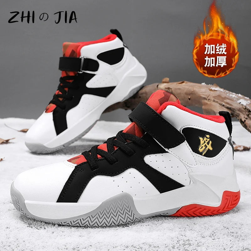 Winter New Children's Plush Basketball Shoes Outdoor Anti Slip Durable Warm Sneaker Boys Fashion Casual Matching Footwear 31-39