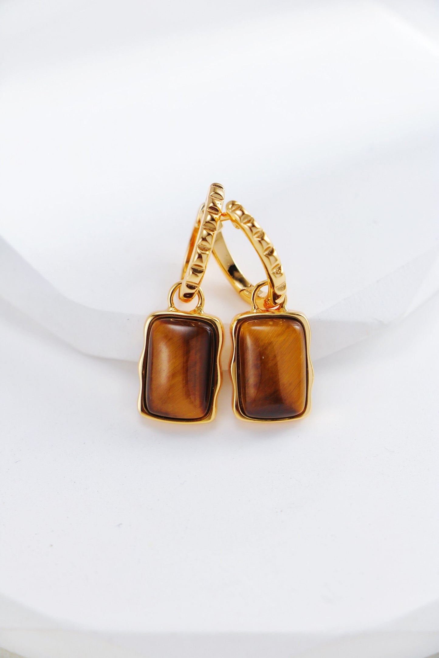 Rectangle Shape Tiger Eye Long Earrings