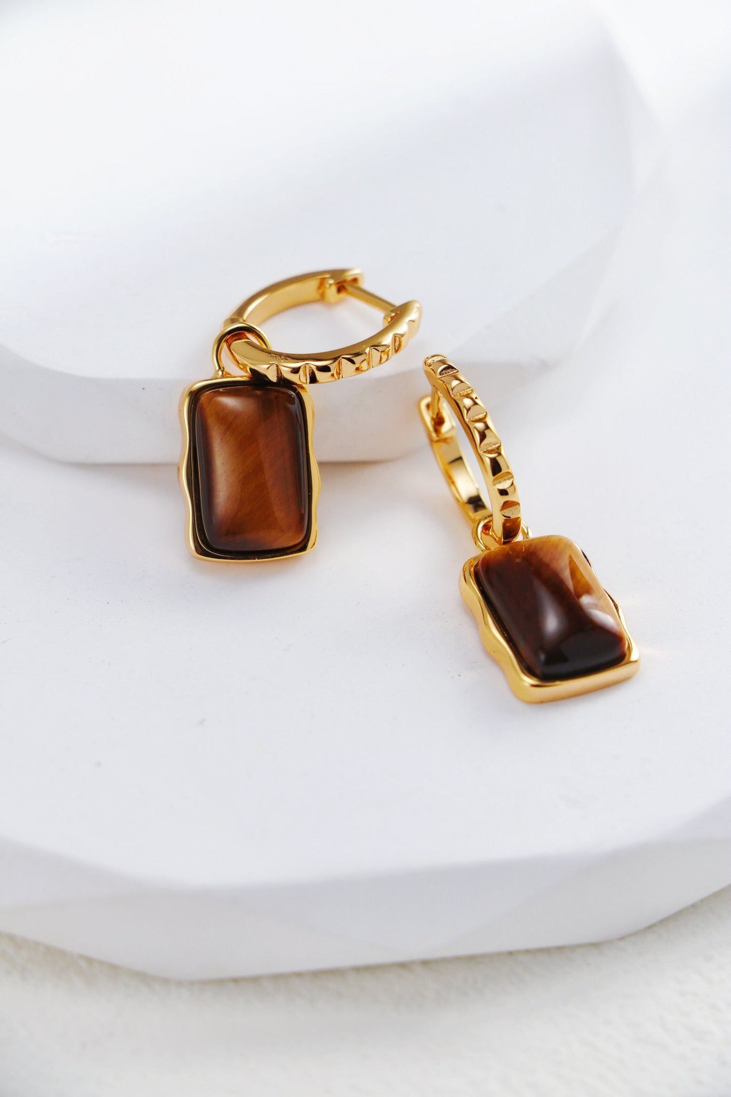 Rectangle Shape Tiger Eye Long Earrings