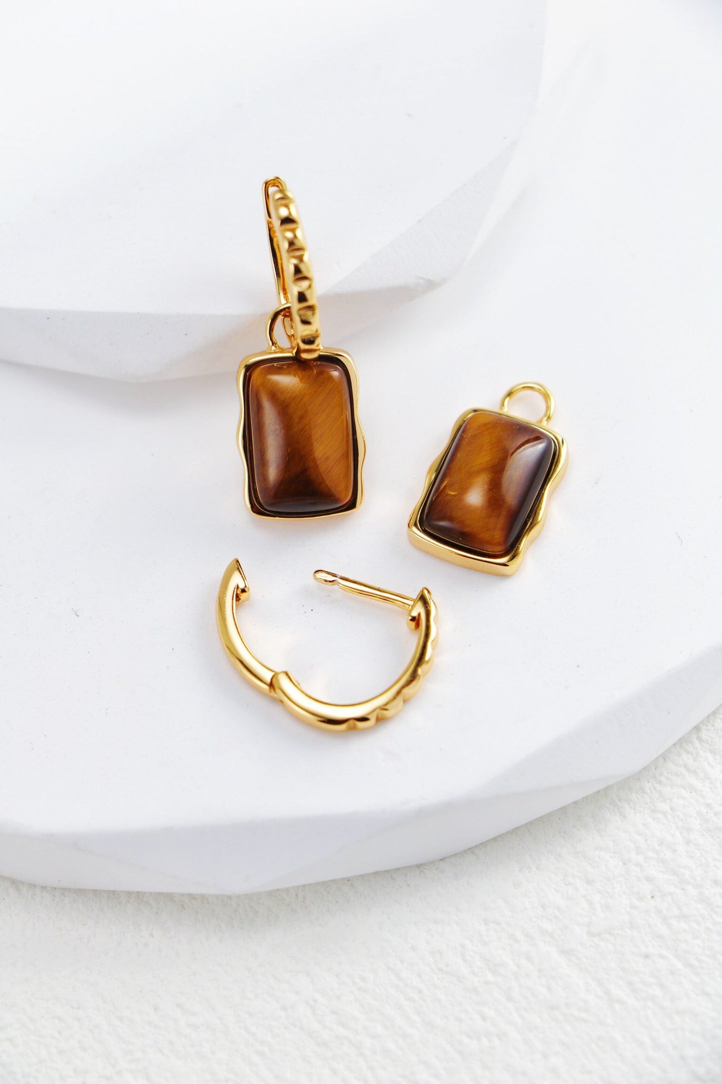 Rectangle Shape Tiger Eye Long Earrings