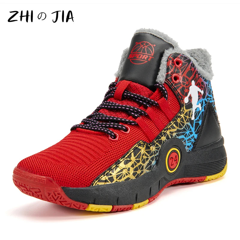 Winter Hot Selling Children's Plush Basketball Shoes Youth Large Basketball Footwear Outdoor Training Running Anti Slip Sneaker