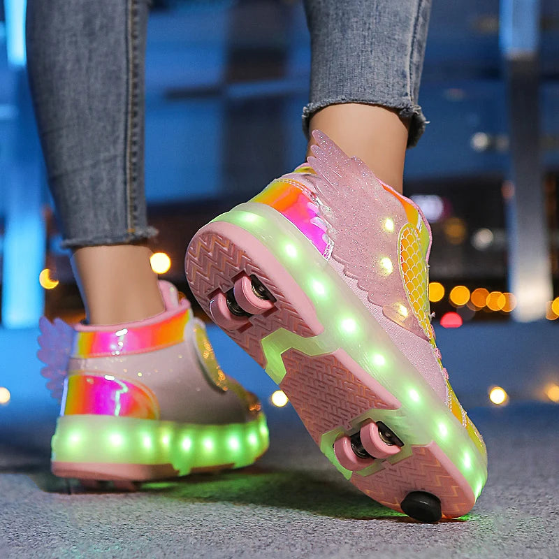 Roller Skate Shoes Kids Fashion Casual Sport 4 Wheels Sneaker Girl Boy Wing Boots Children Birthday Gift Toy Light Up Footwear