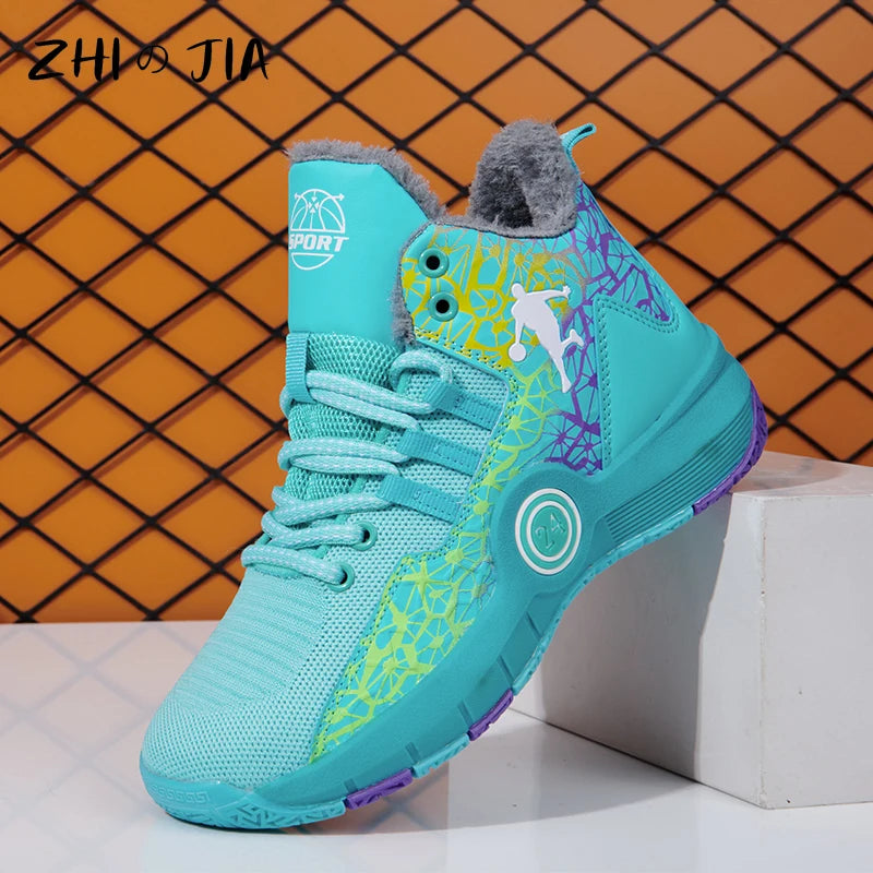 Winter Hot Selling Children's Plush Basketball Shoes Youth Large Basketball Footwear Outdoor Training Running Anti Slip Sneaker