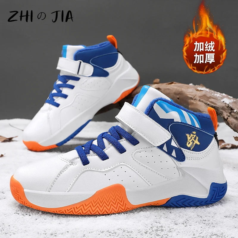 Winter New Children's Plush Basketball Shoes Outdoor Anti Slip Durable Warm Sneaker Boys Fashion Casual Matching Footwear 31-39