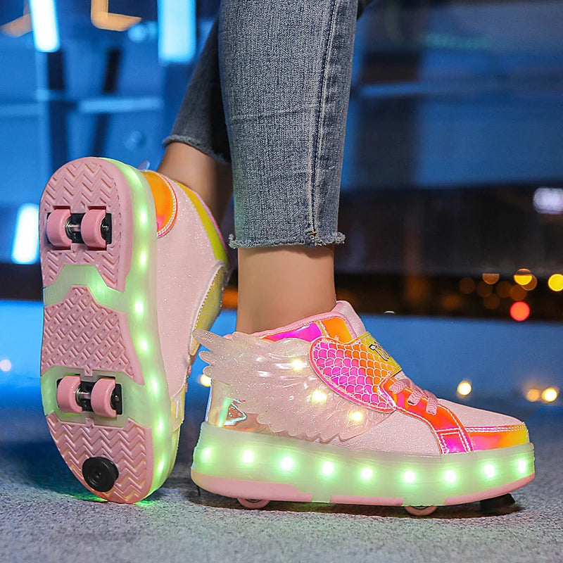 Roller Skate Shoes Kids Fashion Casual Sport 4 Wheels Sneaker Girl Boy Wing Boots Children Birthday Gift Toy Light Up Footwear