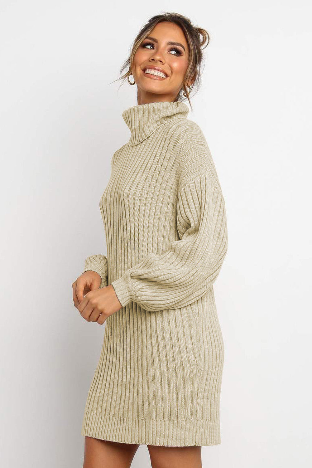 Apricot Turtleneck Balloon Sleeve Sweater Dress