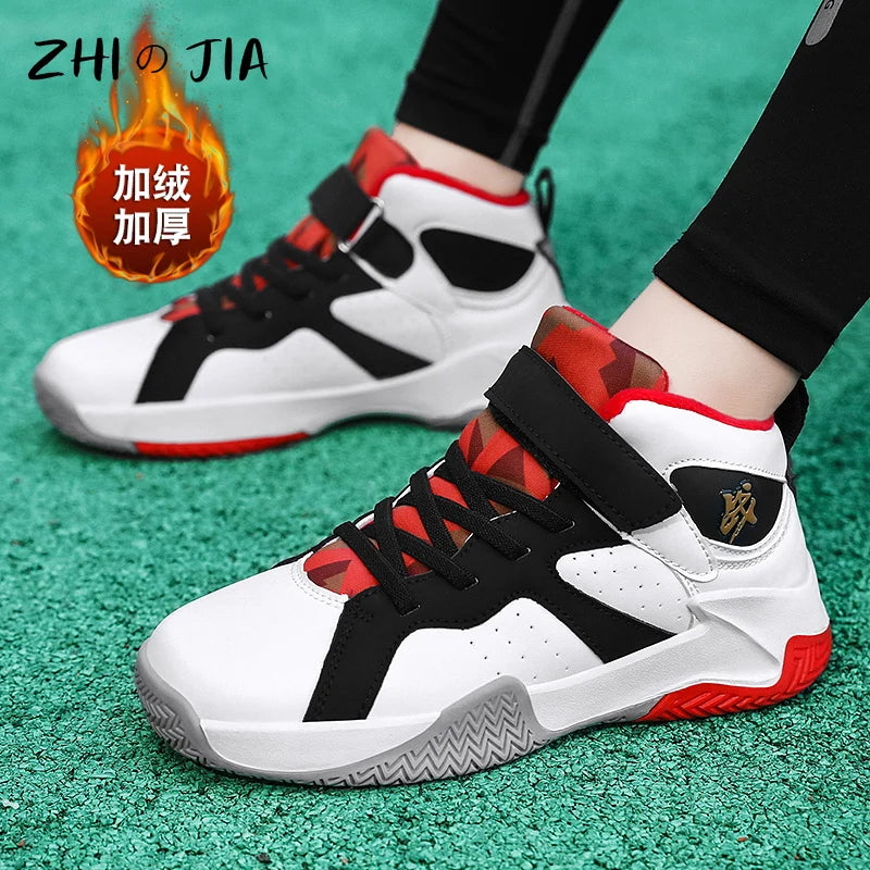 Winter New Children's Plush Basketball Shoes Outdoor Anti Slip Durable Warm Sneaker Boys Fashion Casual Matching Footwear 31-39