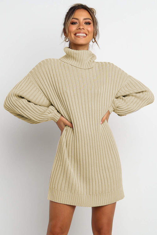 Apricot Turtleneck Balloon Sleeve Sweater Dress