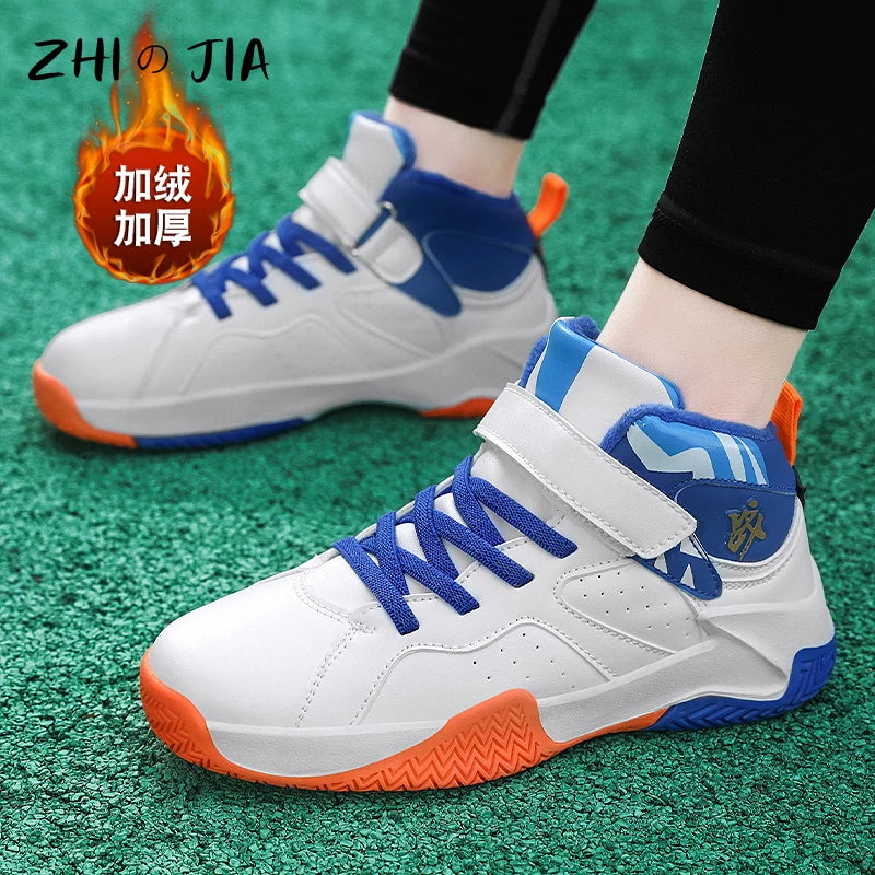 Winter New Children's Plush Basketball Shoes Outdoor Anti Slip Durable Warm Sneaker Boys Fashion Casual Matching Footwear 31-39