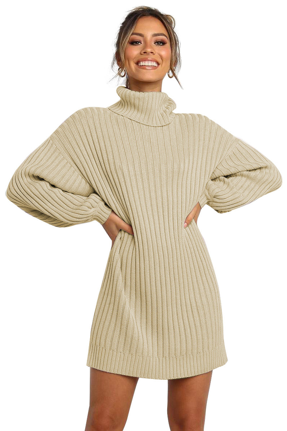 Apricot Turtleneck Balloon Sleeve Sweater Dress