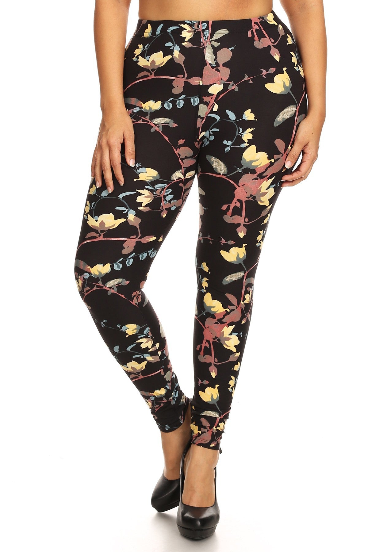 Plus Size Floral Print, Full Length Leggings In A Slim Fitting Style