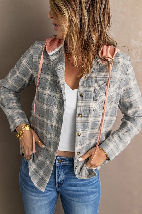 Khaki Plaid Hooded Shirt Coat