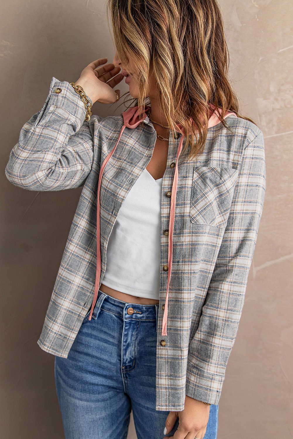 Khaki Plaid Hooded Shirt Coat