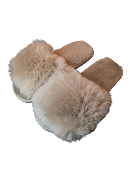 Open Toe Fluffy Slider Slippers in Camel