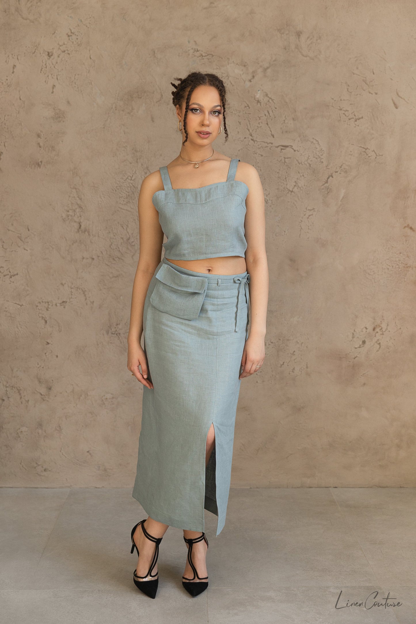 Bella Vita Set in Greyish Mint | Linen Crop Top and Midi Skirt