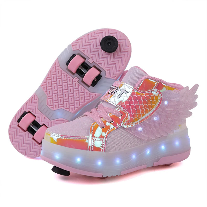 Roller Skate Shoes Kids Fashion Casual Sport 4 Wheels Sneaker Girl Boy Wing Boots Children Birthday Gift Toy Light Up Footwear