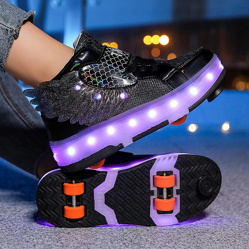 Roller Skate Shoes Kids Fashion Casual Sport 4 Wheels Sneaker Girl Boy Wing Boots Children Birthday Gift Toy Light Up Footwear