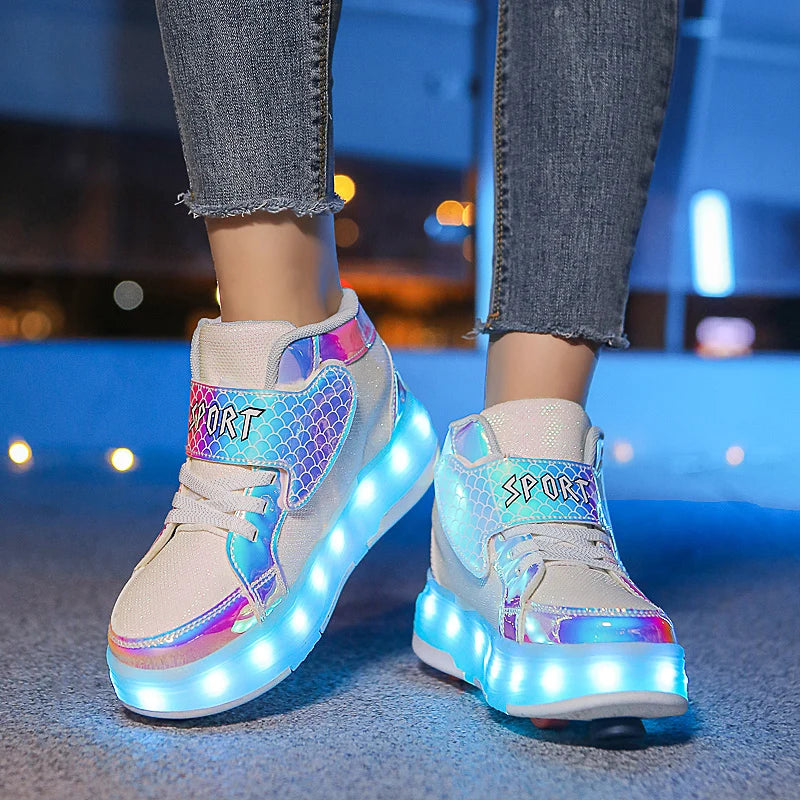 Roller Skate Shoes Kids Fashion Casual Sport 4 Wheels Sneaker Girl Boy Wing Boots Children Birthday Gift Toy Light Up Footwear