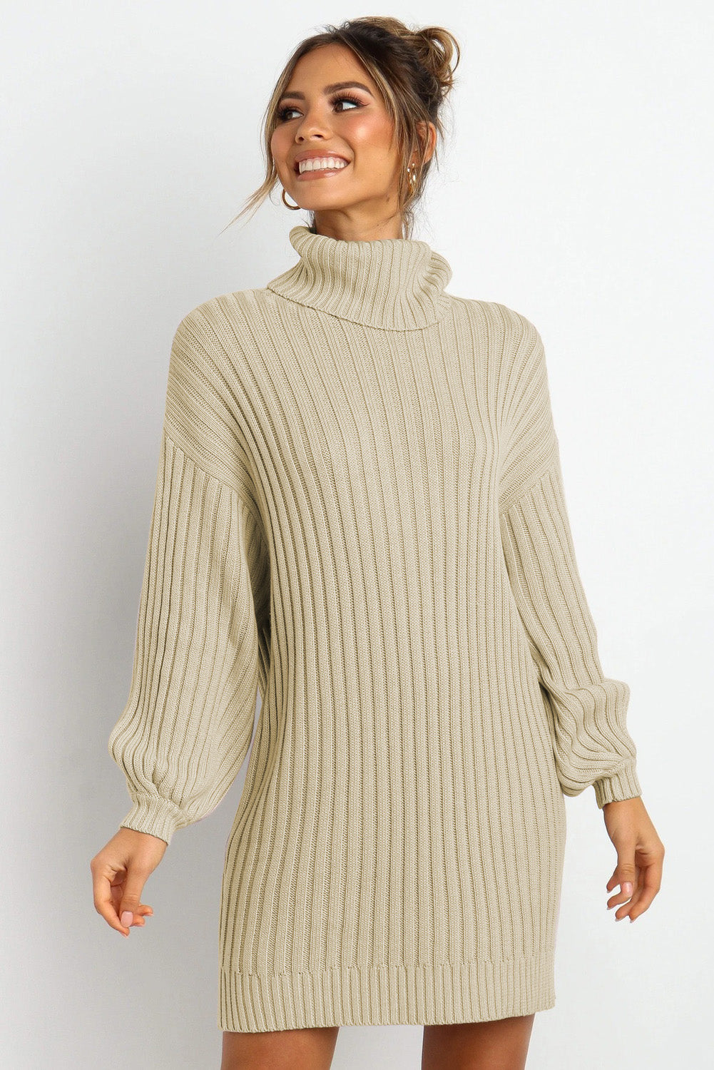 Apricot Turtleneck Balloon Sleeve Sweater Dress