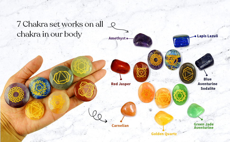 7 Chakra Symbol Engraved Set Healing Gemstone for Reiki Healing