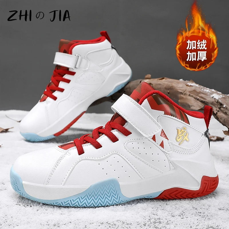 Winter New Children's Plush Basketball Shoes Outdoor Anti Slip Durable Warm Sneaker Boys Fashion Casual Matching Footwear 31-39