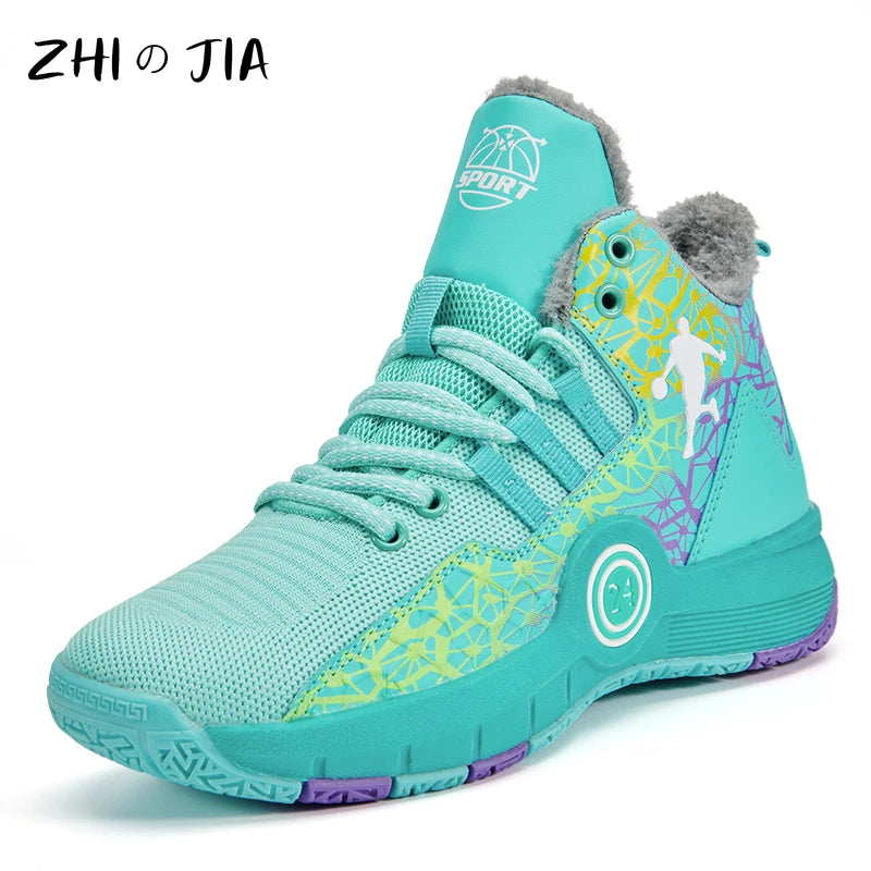 Winter Hot Selling Children's Plush Basketball Shoes Youth Large Basketball Footwear Outdoor Training Running Anti Slip Sneaker